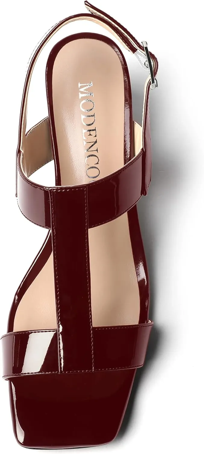 MODENCOCO Women's Buckle Dressy Patent Comfortable Dating Ankle Strap Open Toe Chunky Low Heel Heeled Sandals 2 Inch
