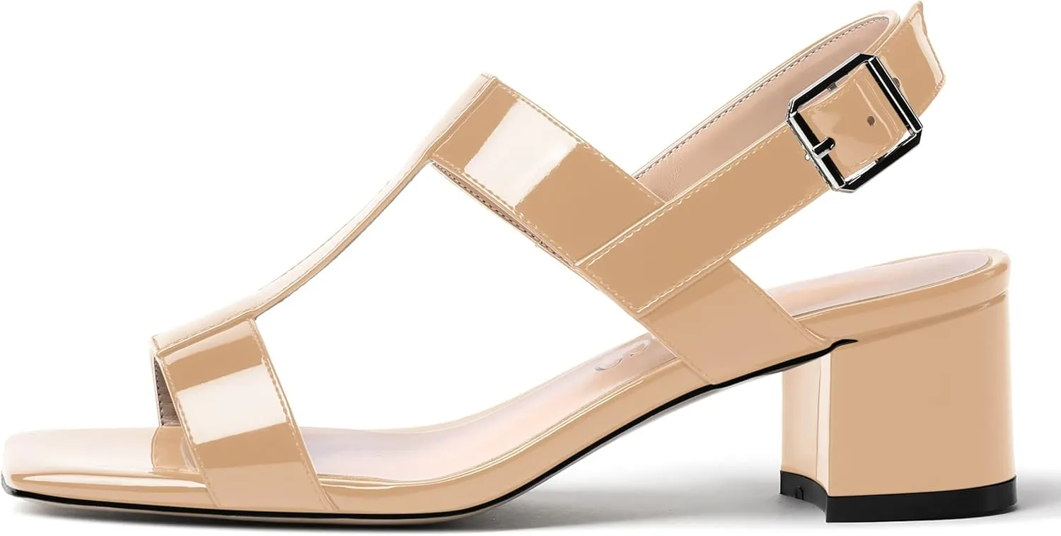 MODENCOCO Women's Buckle Dressy Patent Comfortable Dating Ankle Strap Open Toe Chunky Low Heel Heeled Sandals 2 Inch