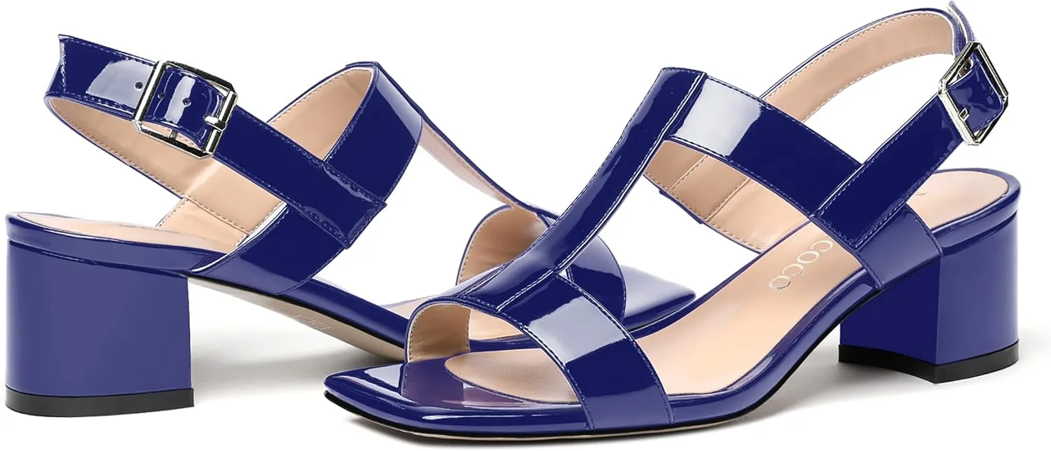 MODENCOCO Women's Buckle Dressy Patent Comfortable Dating Ankle Strap Open Toe Chunky Low Heel Heeled Sandals 2 Inch