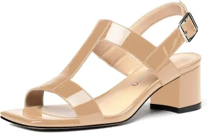 MODENCOCO Women's Buckle Dressy Patent Comfortable Dating Ankle Strap Open Toe Chunky Low Heel Heeled Sandals 2 Inch
