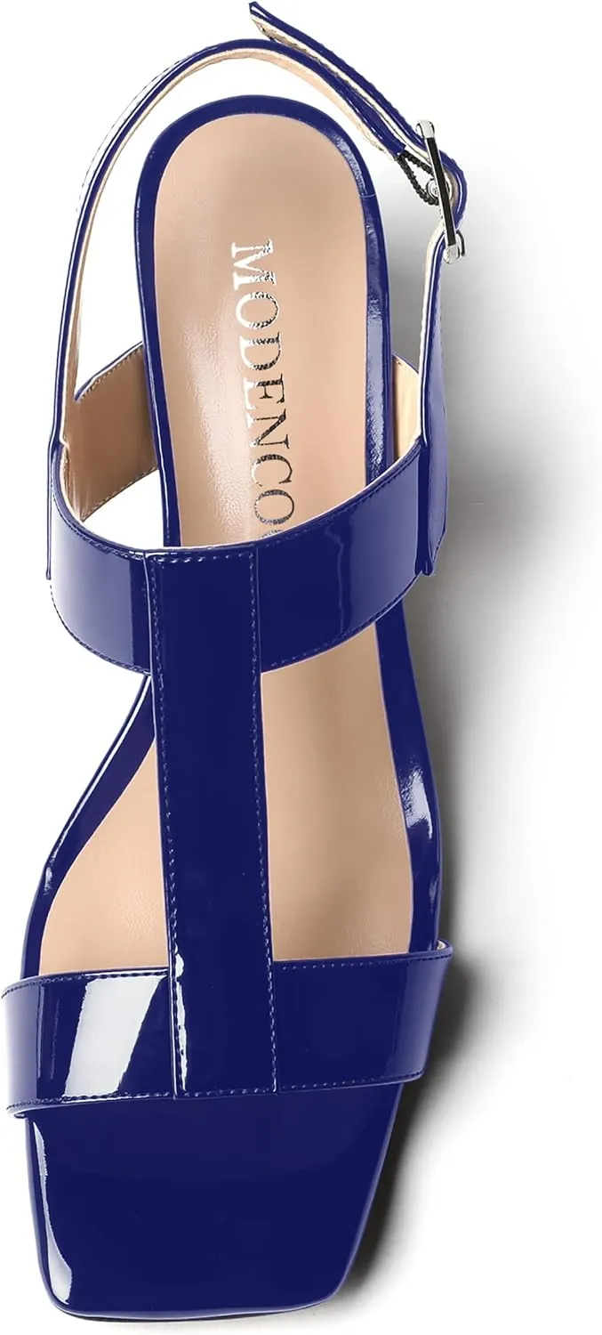 MODENCOCO Women's Buckle Dressy Patent Comfortable Dating Ankle Strap Open Toe Chunky Low Heel Heeled Sandals 2 Inch