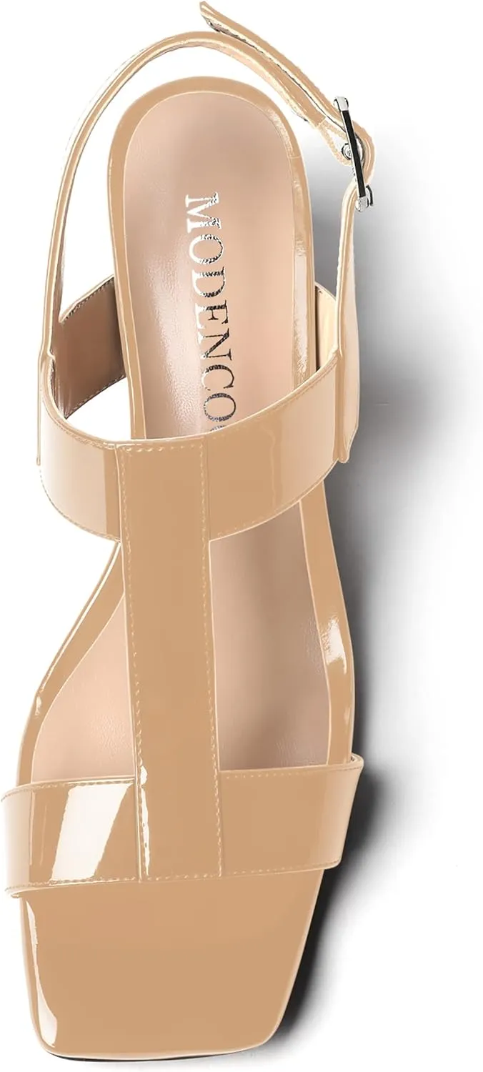 MODENCOCO Women's Buckle Dressy Patent Comfortable Dating Ankle Strap Open Toe Chunky Low Heel Heeled Sandals 2 Inch