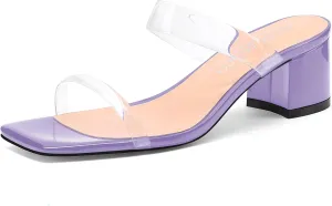 MODENCOCO Women's Square Toe Fashion Slip On Clear Strap Patent Outdoor Chunky Low Heel Heeled Sandals 2 Inch