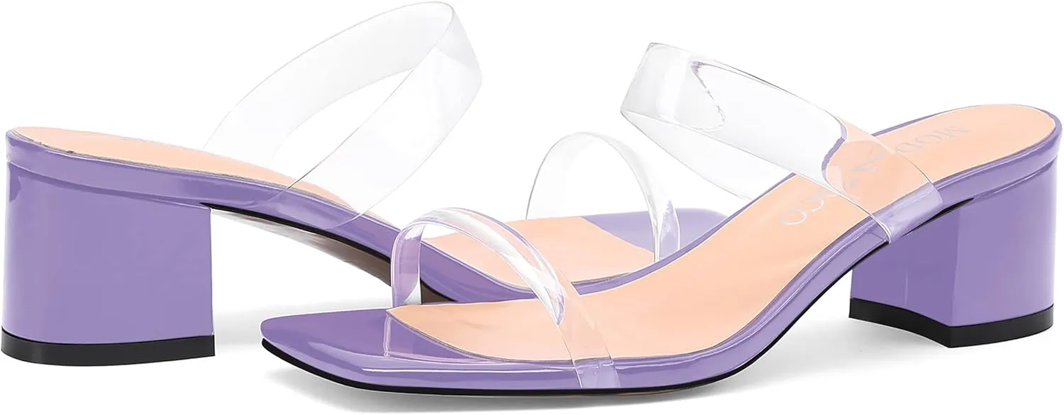 MODENCOCO Women's Square Toe Fashion Slip On Clear Strap Patent Outdoor Chunky Low Heel Heeled Sandals 2 Inch