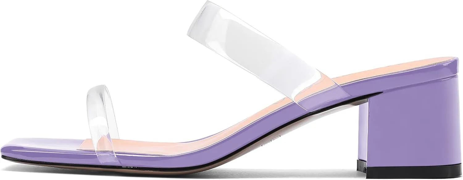 MODENCOCO Women's Square Toe Fashion Slip On Clear Strap Patent Outdoor Chunky Low Heel Heeled Sandals 2 Inch