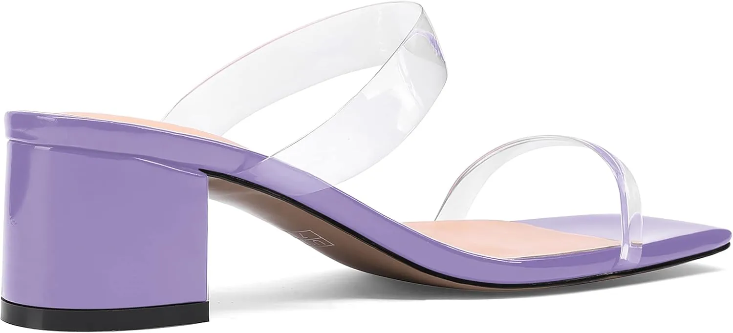 MODENCOCO Women's Square Toe Fashion Slip On Clear Strap Patent Outdoor Chunky Low Heel Heeled Sandals 2 Inch