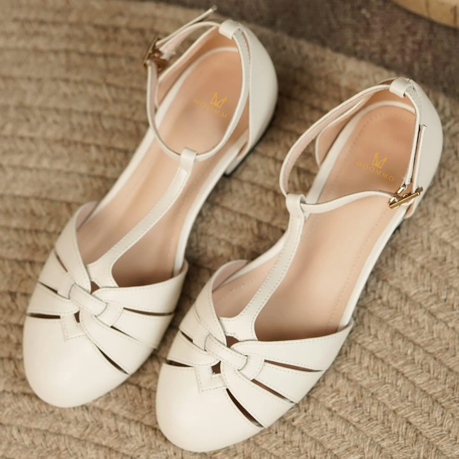 MOOMMO Women’s Ankle Strap Cage Sandals Kitten Heel Round Toe T-Strap Mary Jane Pumps Cut-Out Sandal Heels Vintage Low Heel Closed Toe Roman Sandals Dress Summer Shoes Wedding Bridal Comfy 4-11 M US