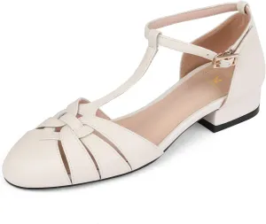 MOOMMO Women’s Ankle Strap Cage Sandals Kitten Heel Round Toe T-Strap Mary Jane Pumps Cut-Out Sandal Heels Vintage Low Heel Closed Toe Roman Sandals Dress Summer Shoes Wedding Bridal Comfy 4-11 M US