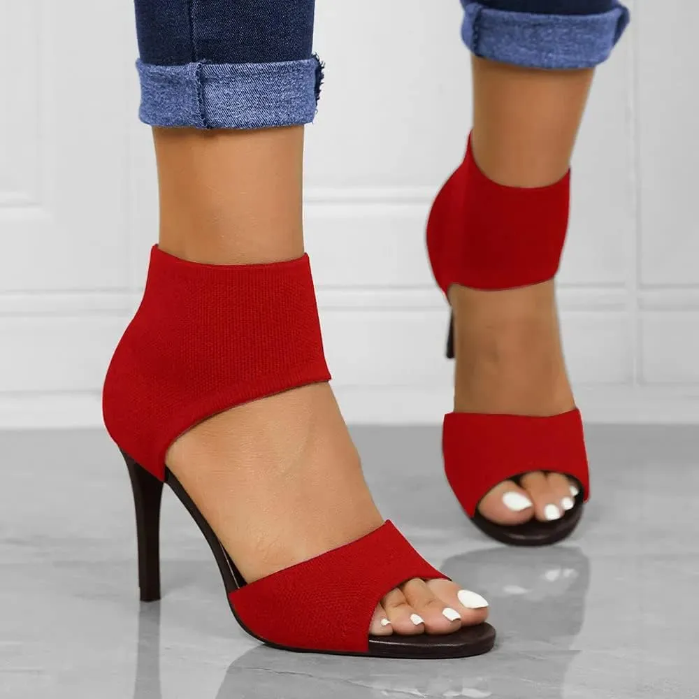 Mousse Fit Women Retro Peep Toe Elegant Stiletto Low Heeled Sandals Breathable Mesh Knit Elastic Design Upper Comfortable Shoes