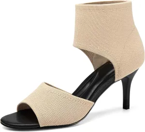 Mousse Fit Women Retro Peep Toe Elegant Stiletto Low Heeled Sandals Breathable Mesh Knit Elastic Design Upper Comfortable Shoes