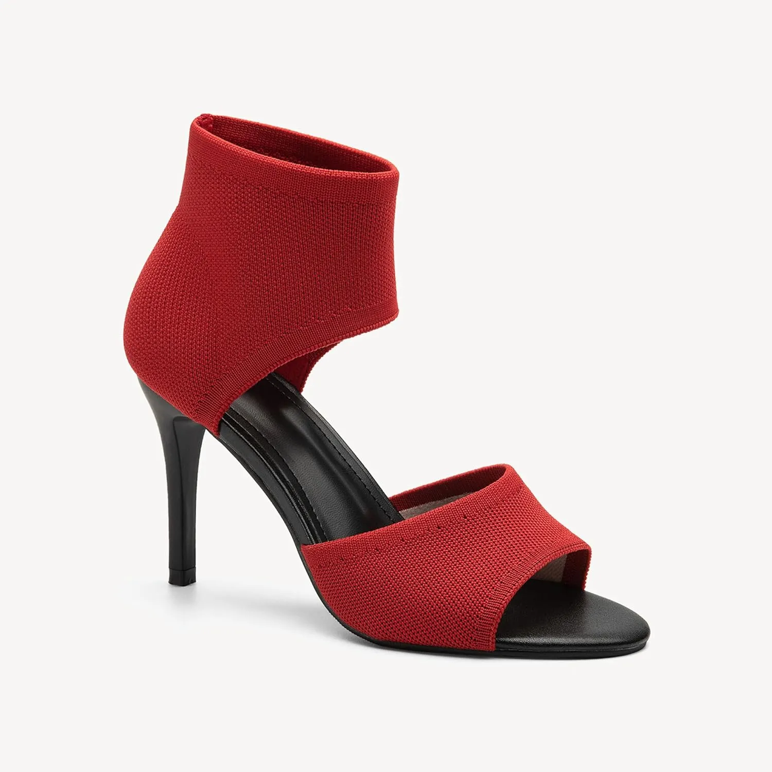 Mousse Fit Women Retro Peep Toe Elegant Stiletto Low Heeled Sandals Breathable Mesh Knit Elastic Design Upper Comfortable Shoes