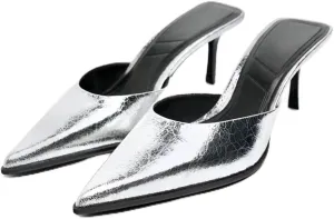 MRKEWUNEY Buckle Heeled Mules for Women Metallic Slip On Mules