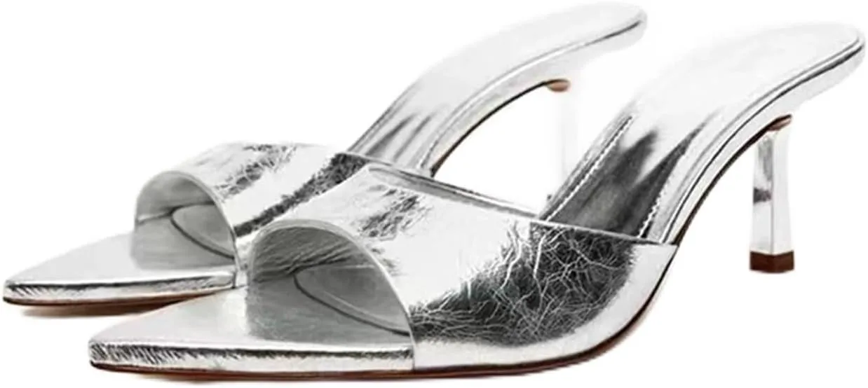 MRKEWUNEY Heeled Mules for Women Metallic Slip On Mules Backless Kitten Heel