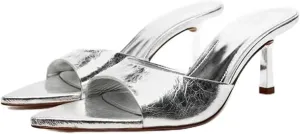 MRKEWUNEY Heeled Mules for Women Metallic Slip On Mules Backless Kitten Heel