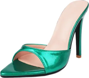 MRKEWUNEY Heeled Mules for Women Metallic Slip On Mules Backless Stiletto Heels