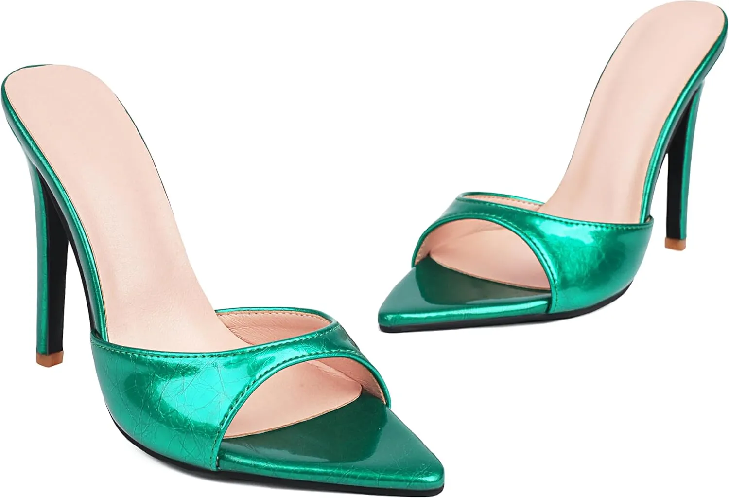 MRKEWUNEY Heeled Mules for Women Metallic Slip On Mules Backless Stiletto Heels