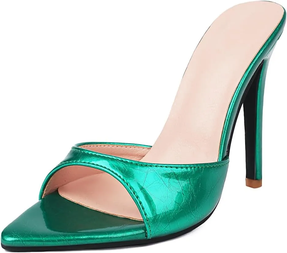MRKEWUNEY Heeled Mules for Women Metallic Slip On Mules Backless Stiletto Heels