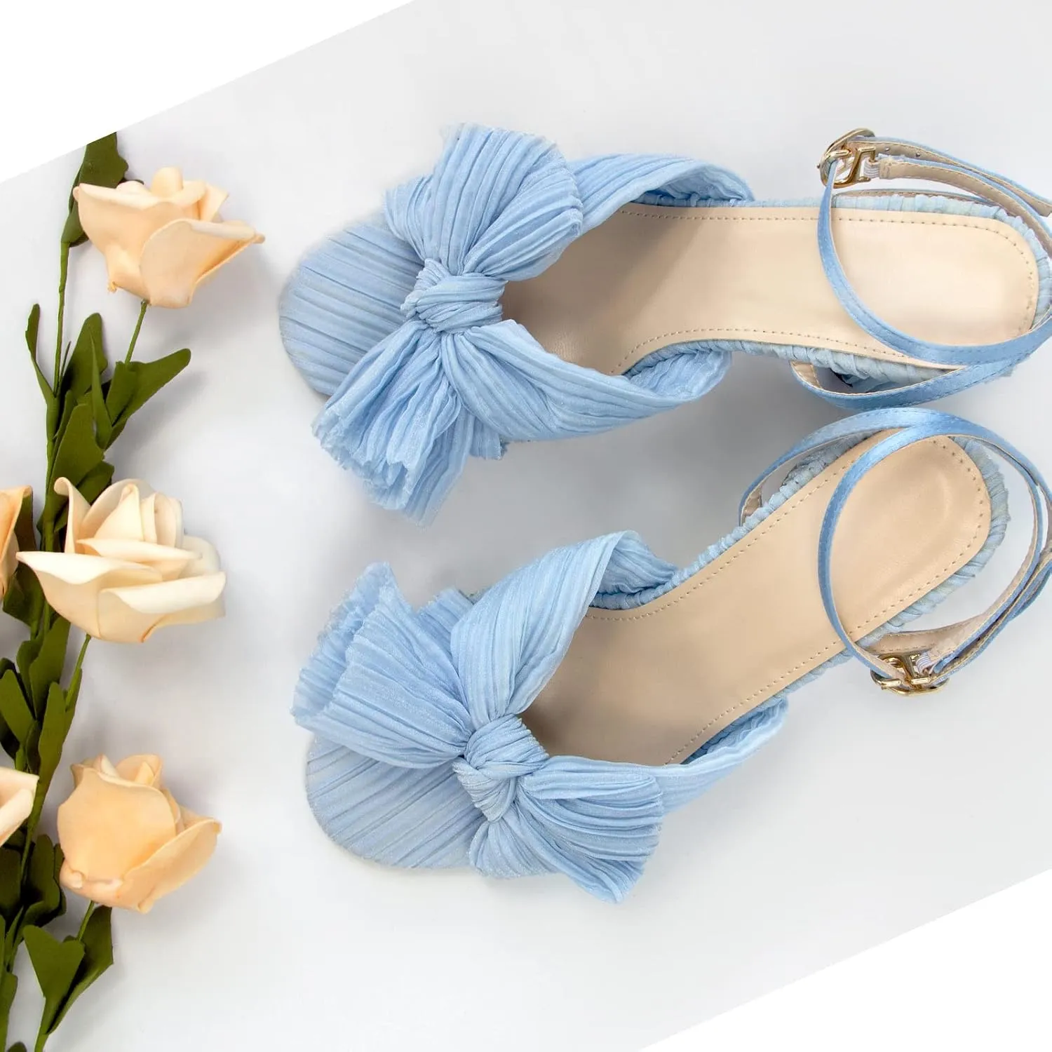 MUCCCUTE Women's Bow Knot Heeled Sandals Ankle Buckle Strap Chunky Heeled Open-toe Comfortable Wedding Party Fashion Heeled