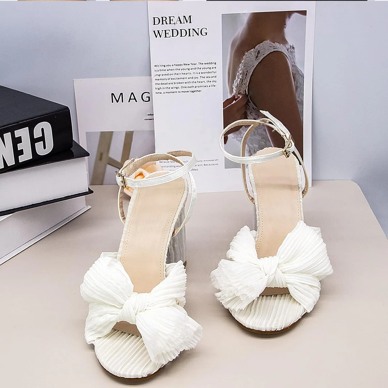 MUCCCUTE Women's Bow Knot Heeled Sandals Ankle Buckle Strap Chunky Heeled Open-toe Comfortable Wedding Party Fashion Heeled