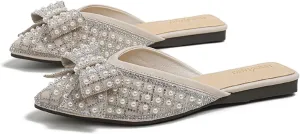 Mules for Woman Comfortable Slip on Bow Rhinestone Pointed Toe Mule Shoes