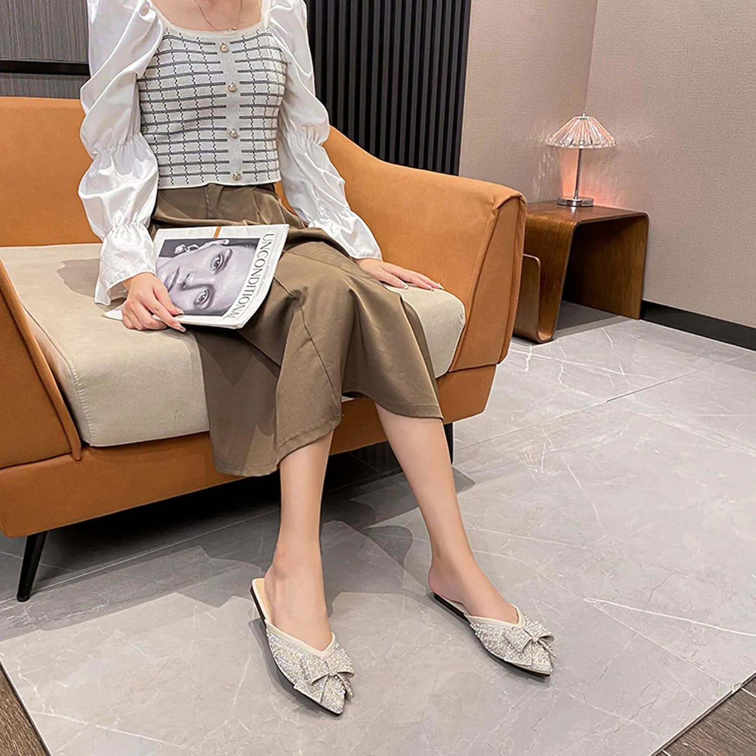 Mules for Woman Comfortable Slip on Bow Rhinestone Pointed Toe Mule Shoes