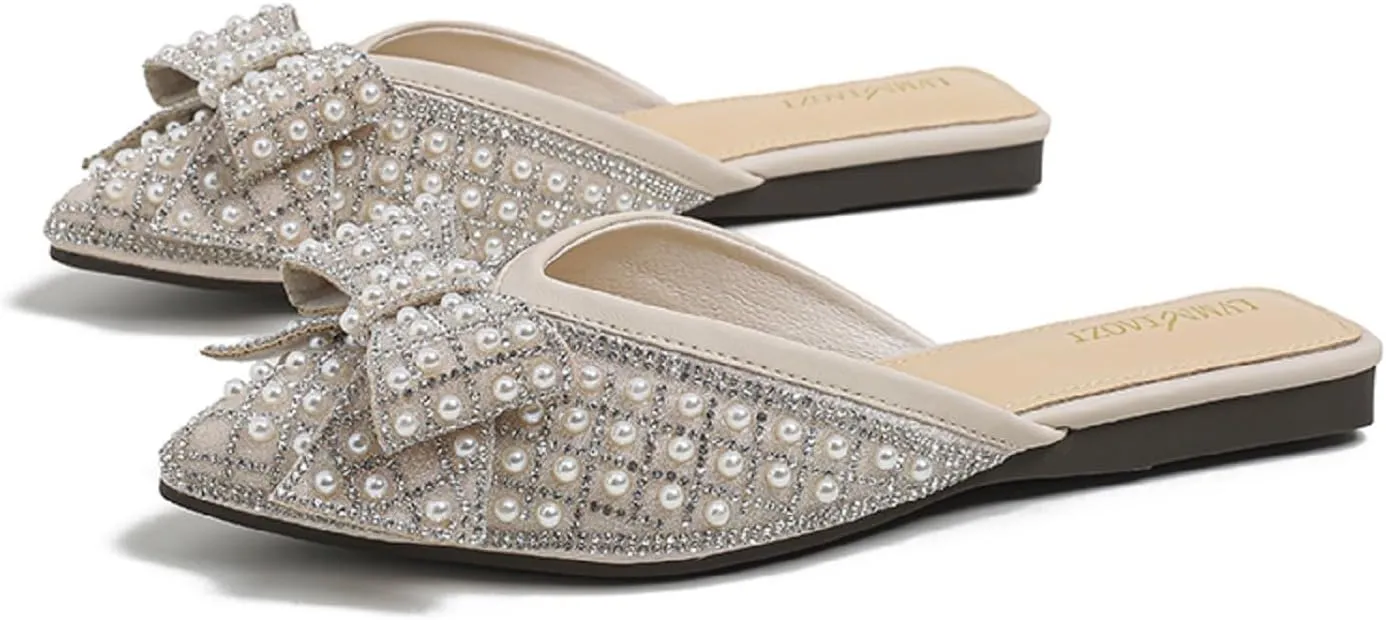 Mules for Woman Comfortable Slip on Bow Rhinestone Pointed Toe Mule Shoes