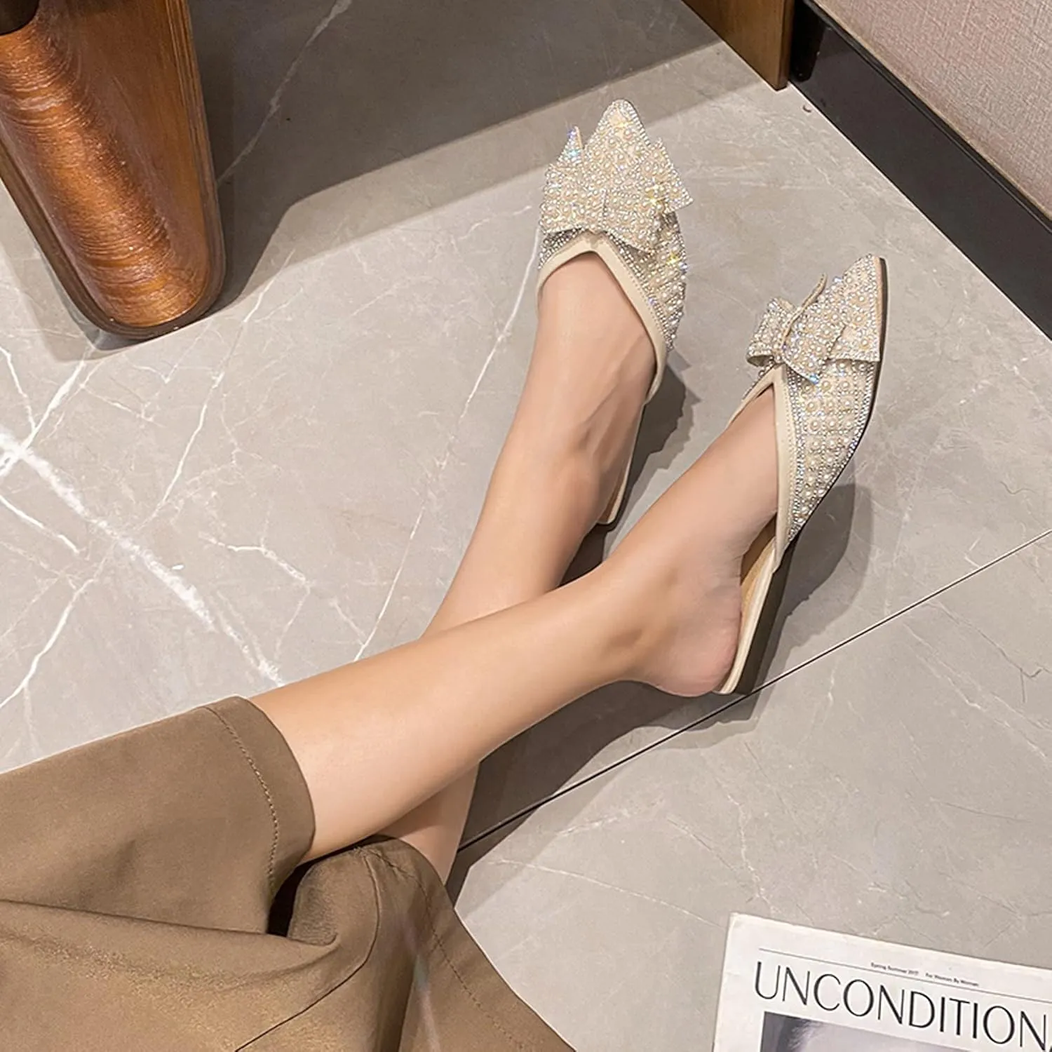 Mules for Woman Comfortable Slip on Bow Rhinestone Pointed Toe Mule Shoes