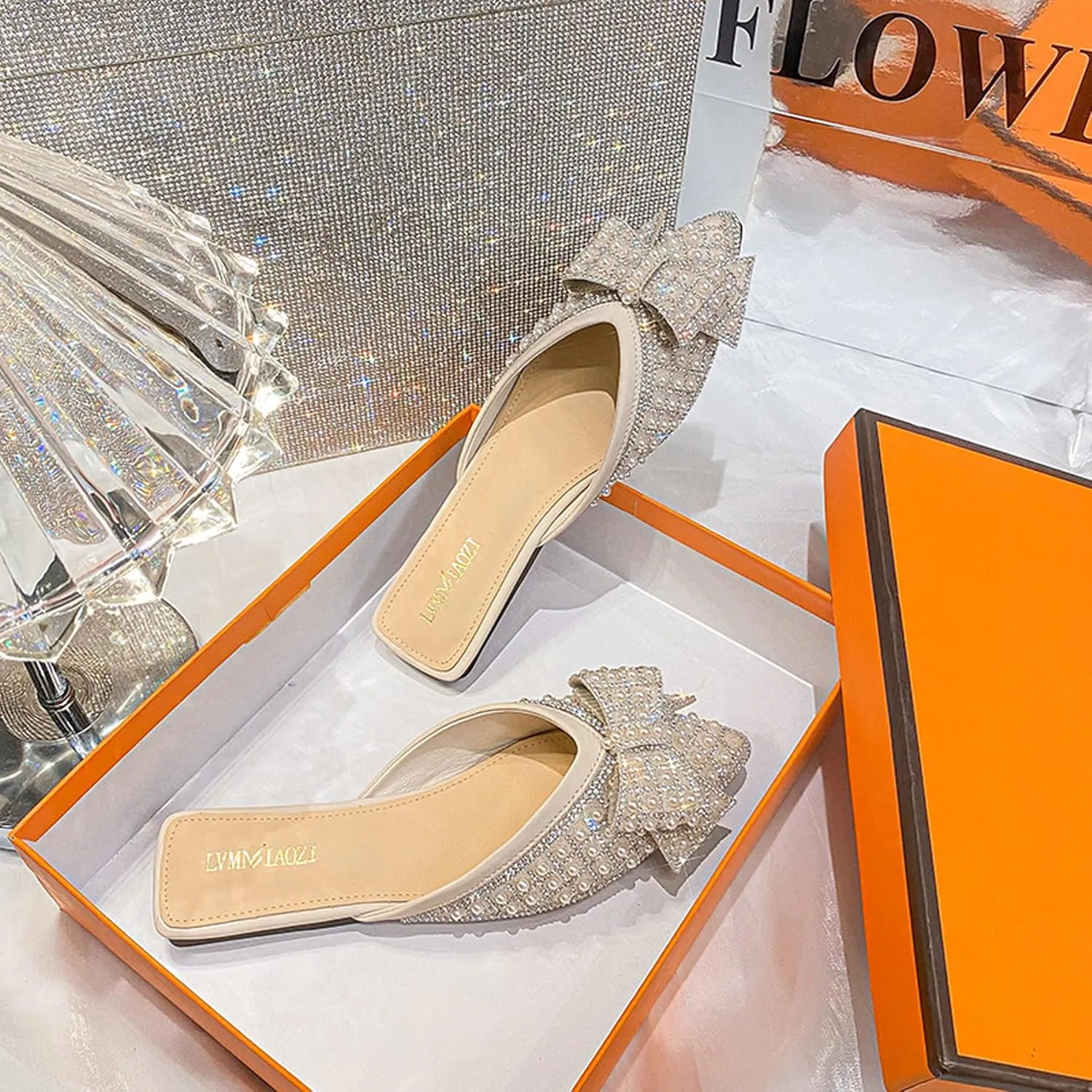 Mules for Woman Comfortable Slip on Bow Rhinestone Pointed Toe Mule Shoes
