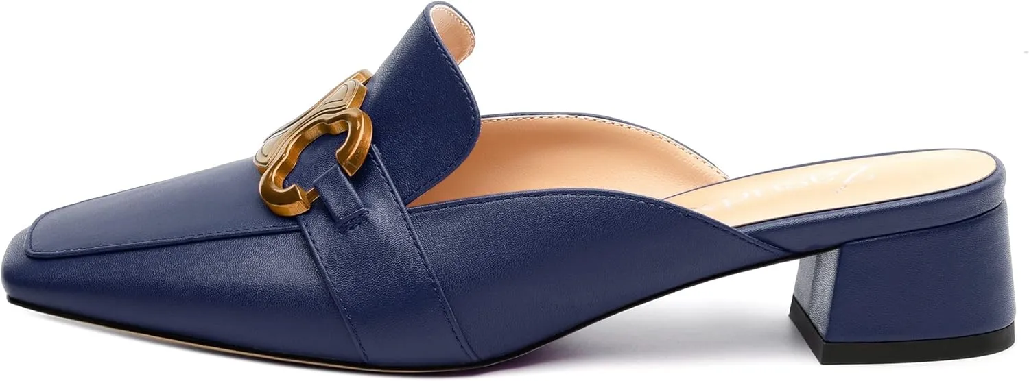 Mules Shoes for Women, Women's Chunky Mules Square Toe Slip on Comfortable Dress Casual Low Heel Metal Buckle Backless Slides Loafer Shoes 1.4 Inch