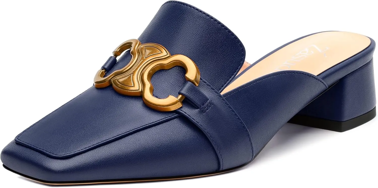 Mules Shoes for Women, Women's Chunky Mules Square Toe Slip on Comfortable Dress Casual Low Heel Metal Buckle Backless Slides Loafer Shoes 1.4 Inch