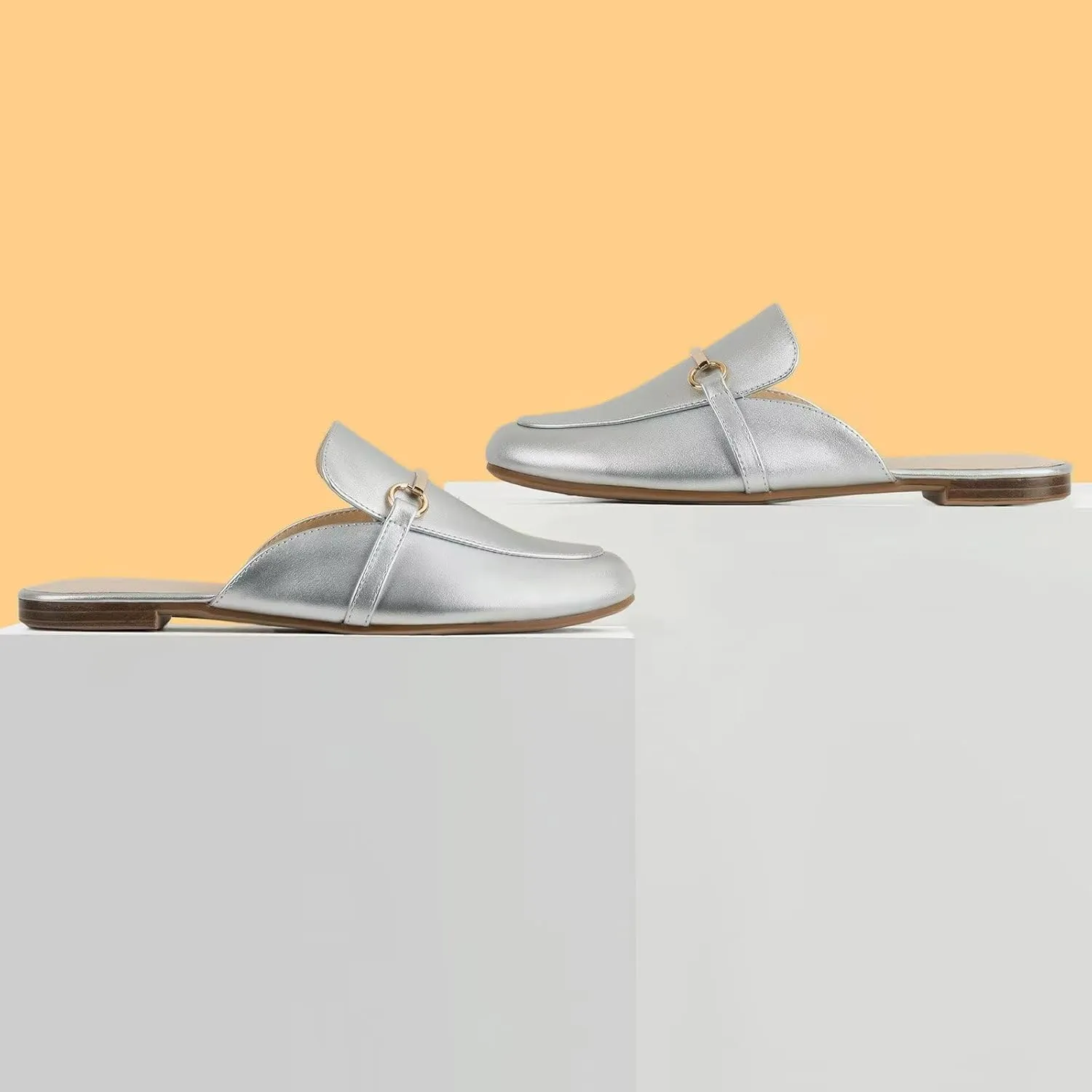 MUSSHOE Mules for Woman Buckle Flats Comfortable Slip on Women Mules Flats Shoes Backless Loafers