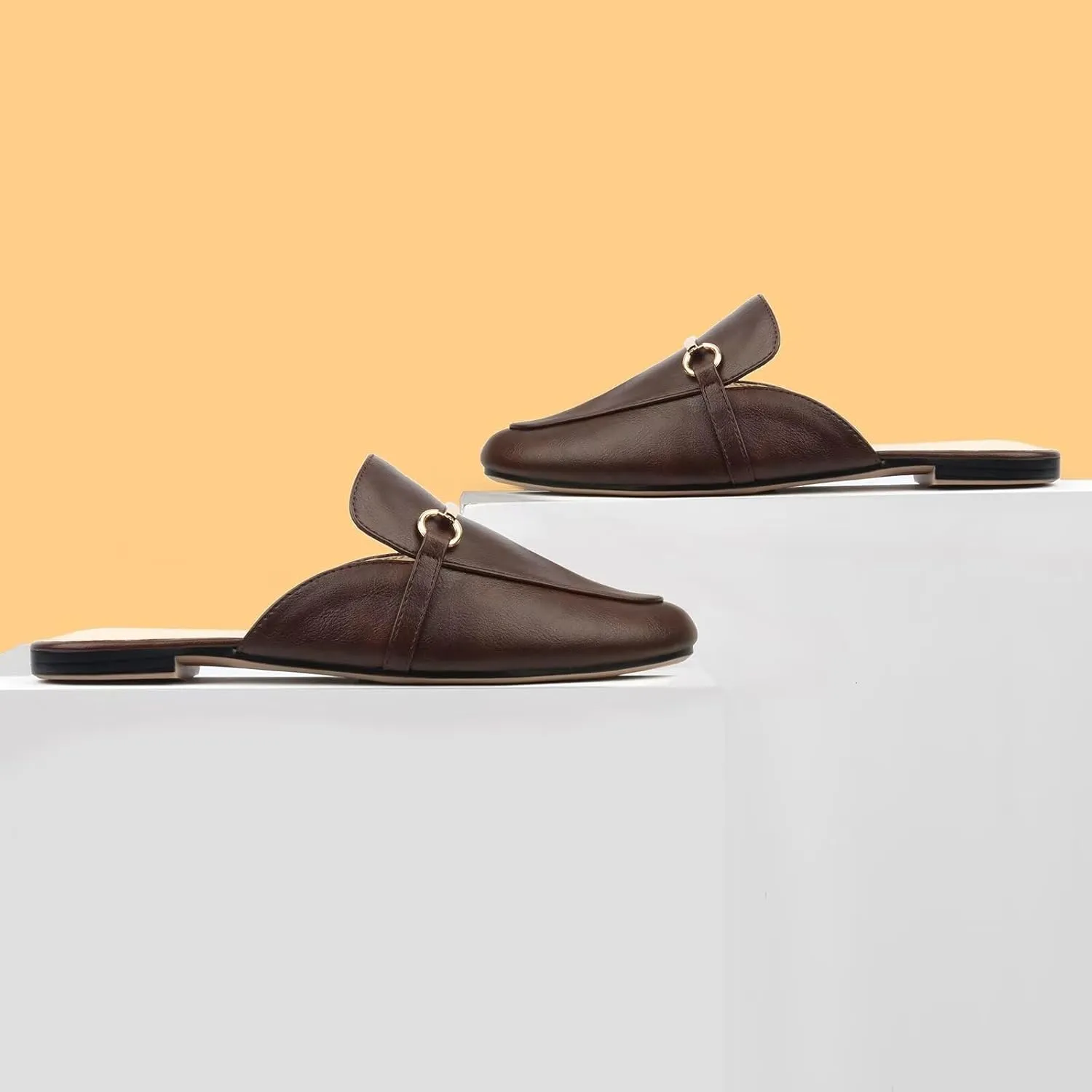 MUSSHOE Mules for Woman Buckle Flats Comfortable Slip on Women Mules Flats Shoes Backless Loafers