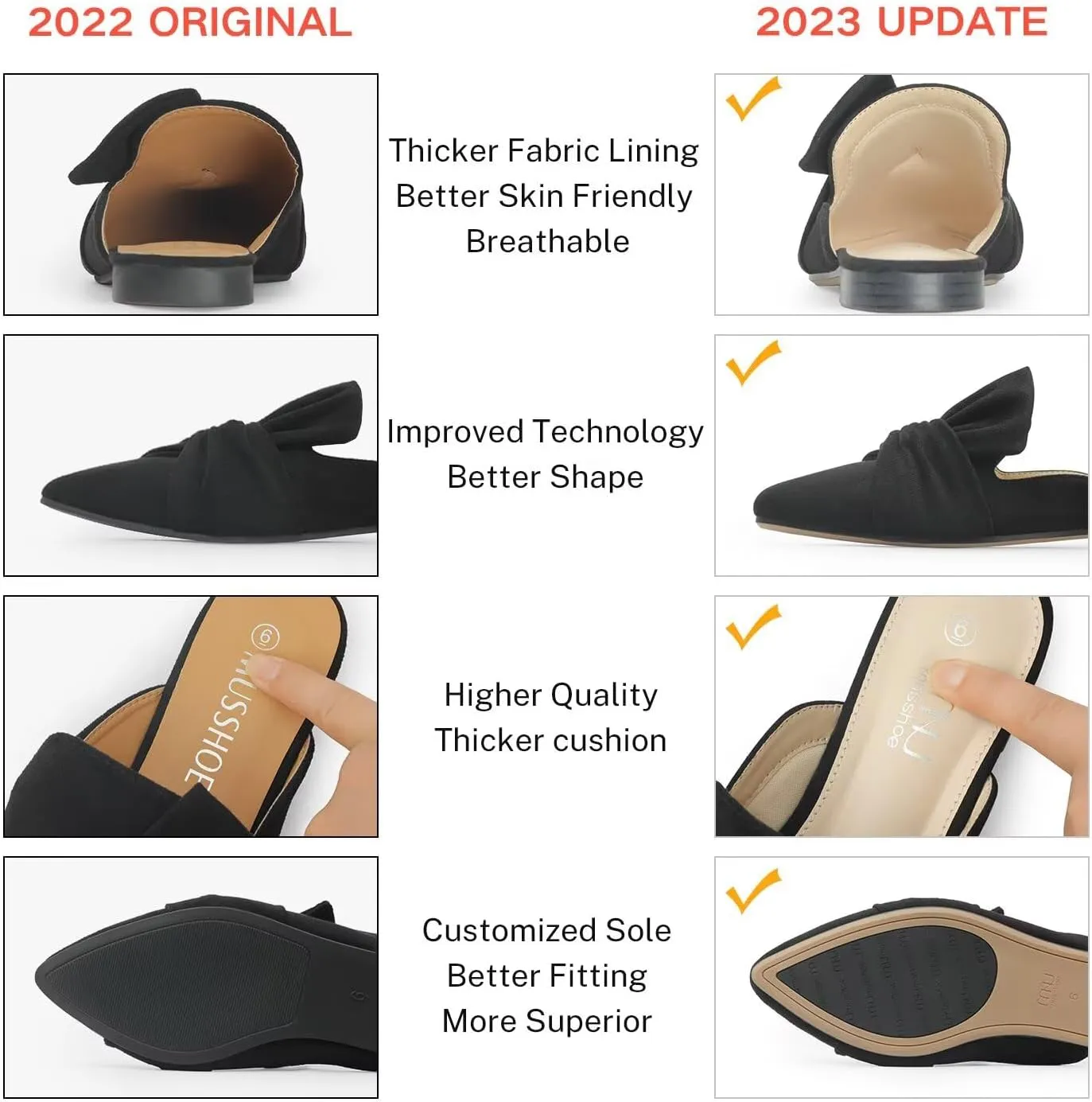 MUSSHOE Women Mules Slip On Comfortable Pointed Toe Mules for Women Flats with Knot