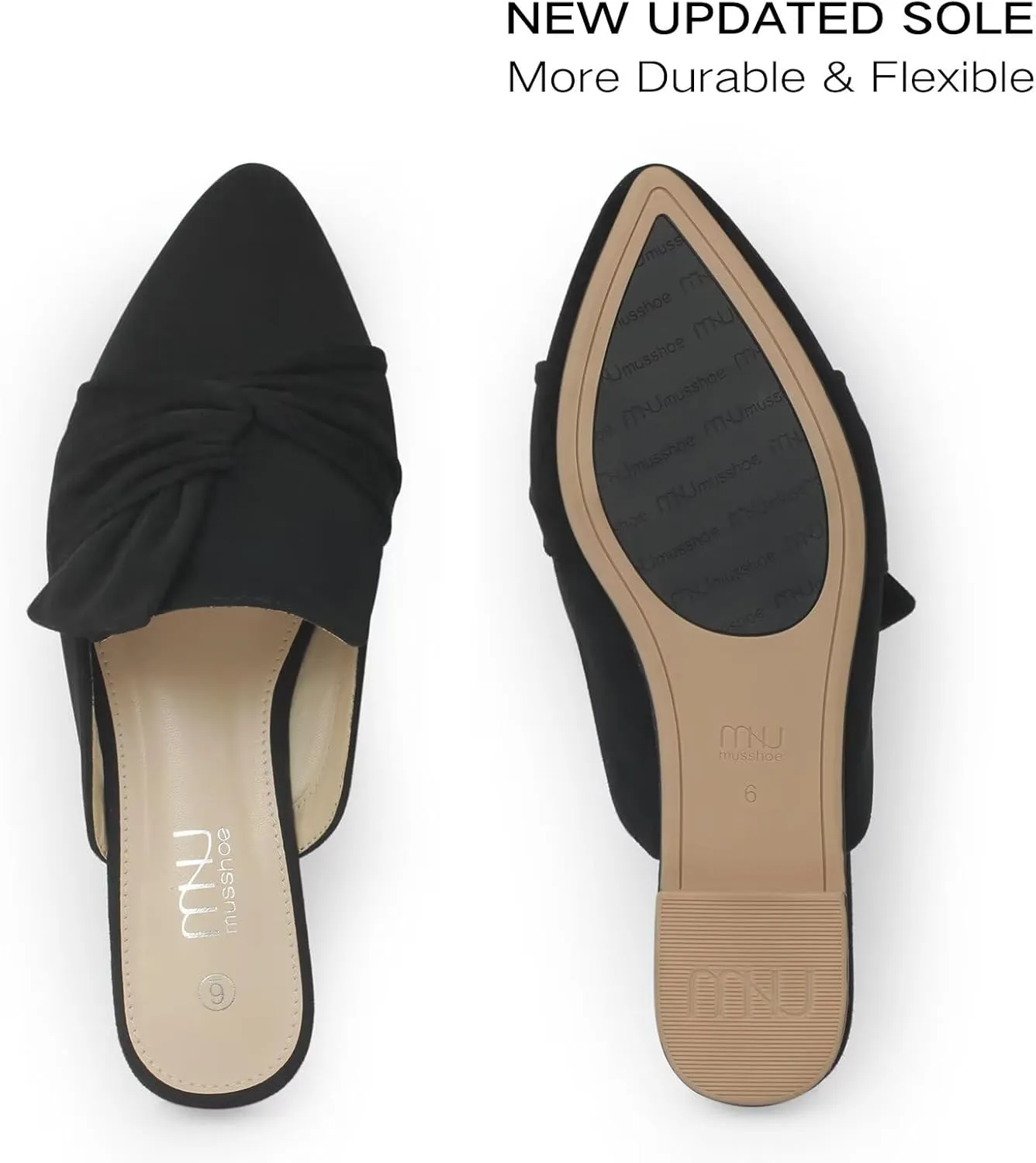 MUSSHOE Women Mules Slip On Comfortable Pointed Toe Mules for Women Flats with Knot
