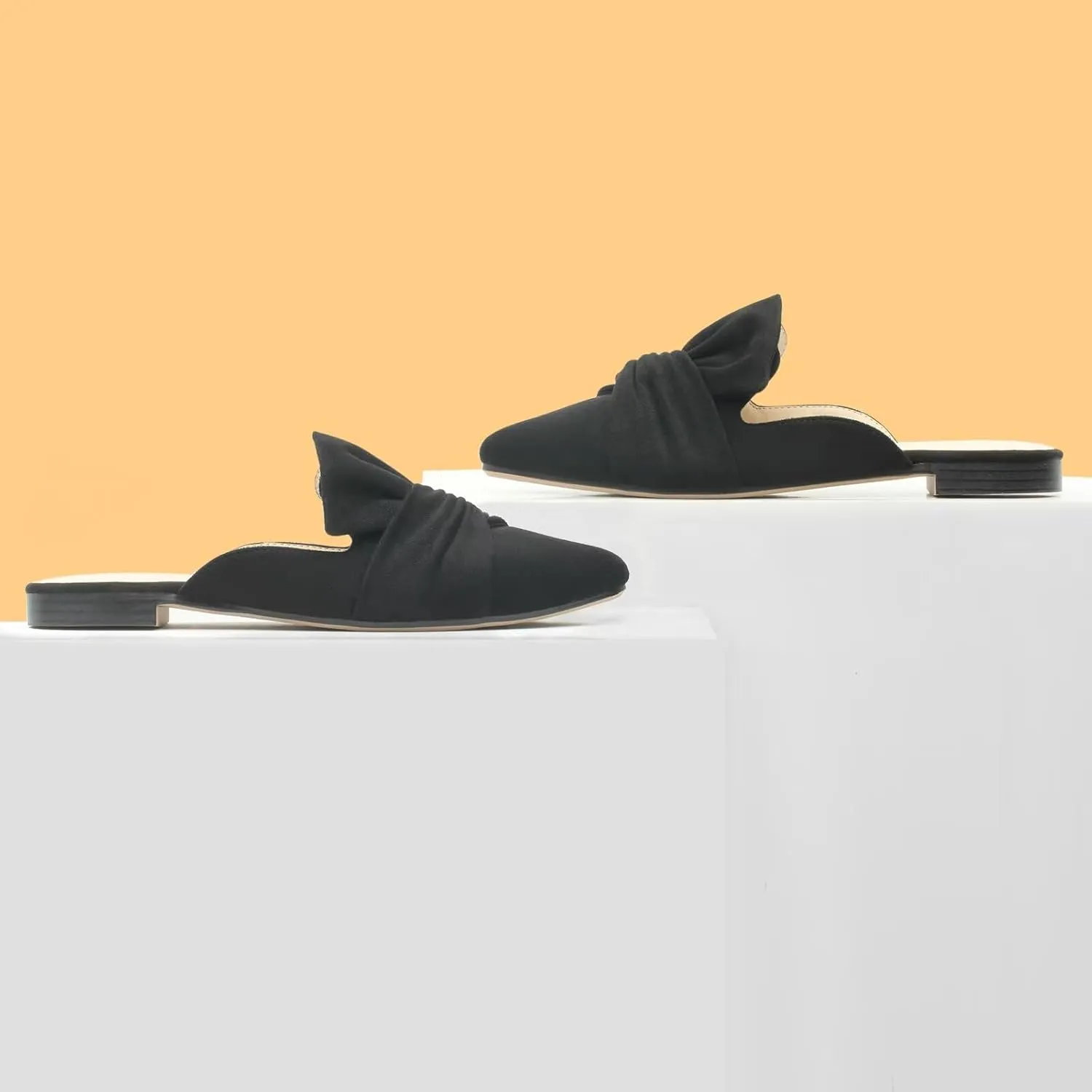 MUSSHOE Women Mules Slip On Comfortable Pointed Toe Mules for Women Flats with Knot