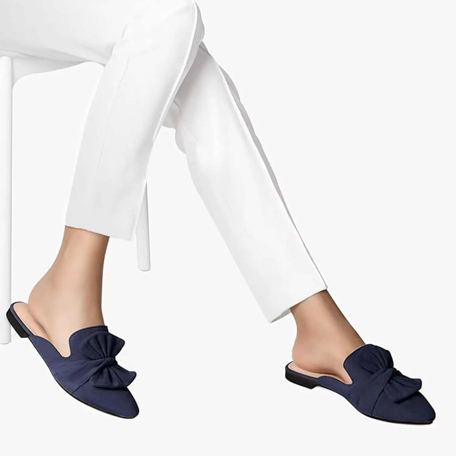 MUSSHOE Womens Mules Comfortable Pointed Toe Mules for Women Flats Backless Loafers with Bow Slip On