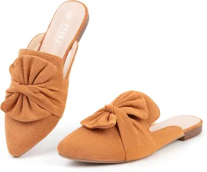 MUSSHOE Womens Mules Comfortable Pointed Toe Mules for Women Flats Backless Loafers with Bow Slip On