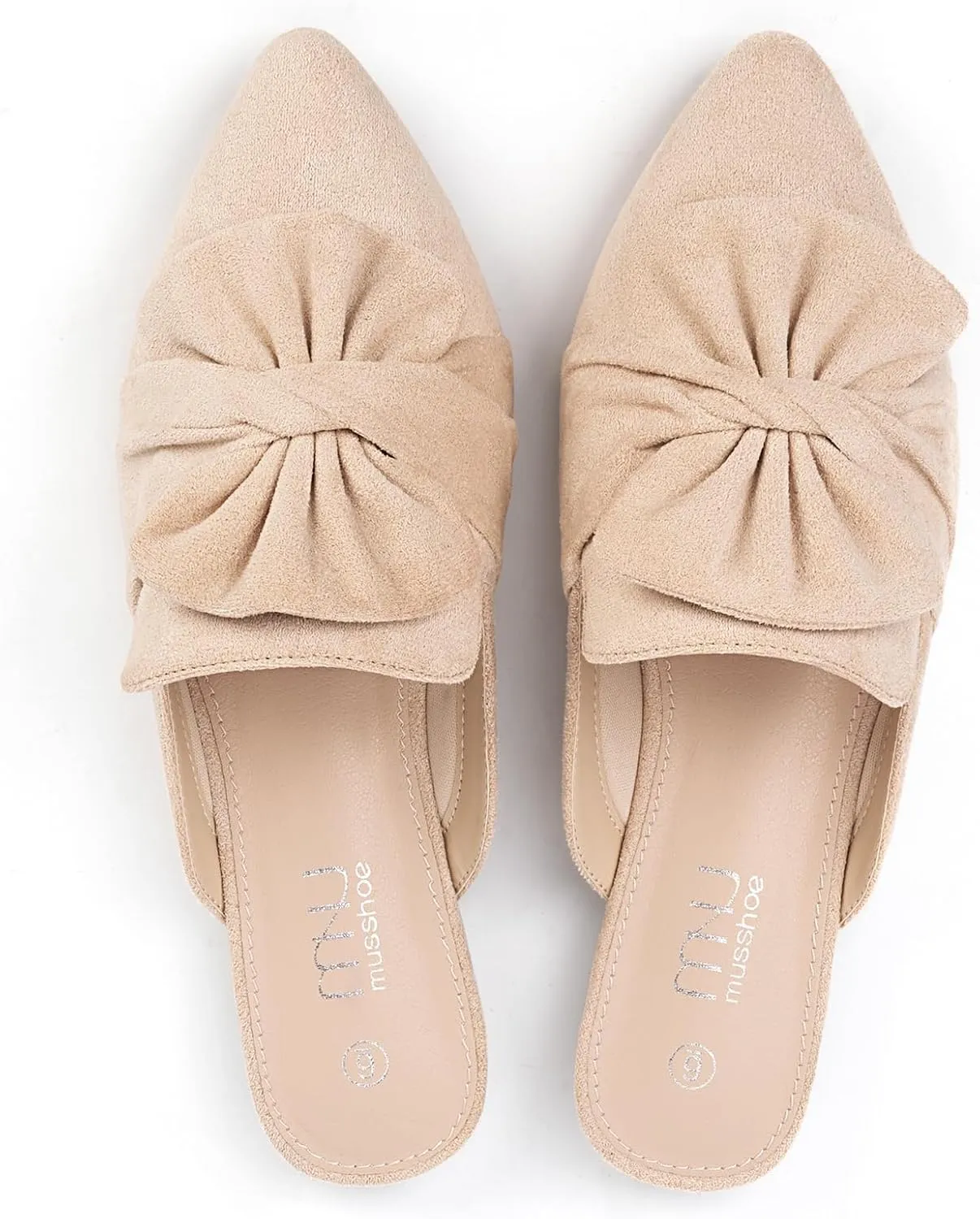 MUSSHOE Womens Mules Comfortable Pointed Toe Mules for Women Flats Backless Loafers with Bow Slip On