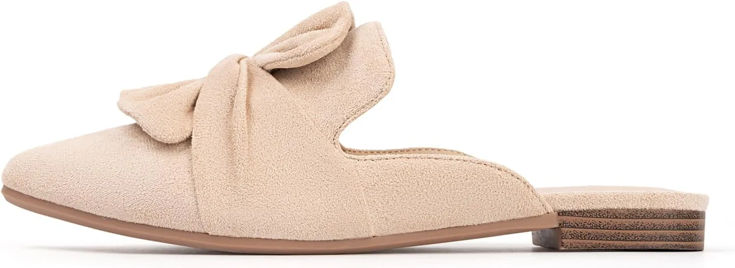 MUSSHOE Womens Mules Comfortable Pointed Toe Mules for Women Flats Backless Loafers with Bow Slip On