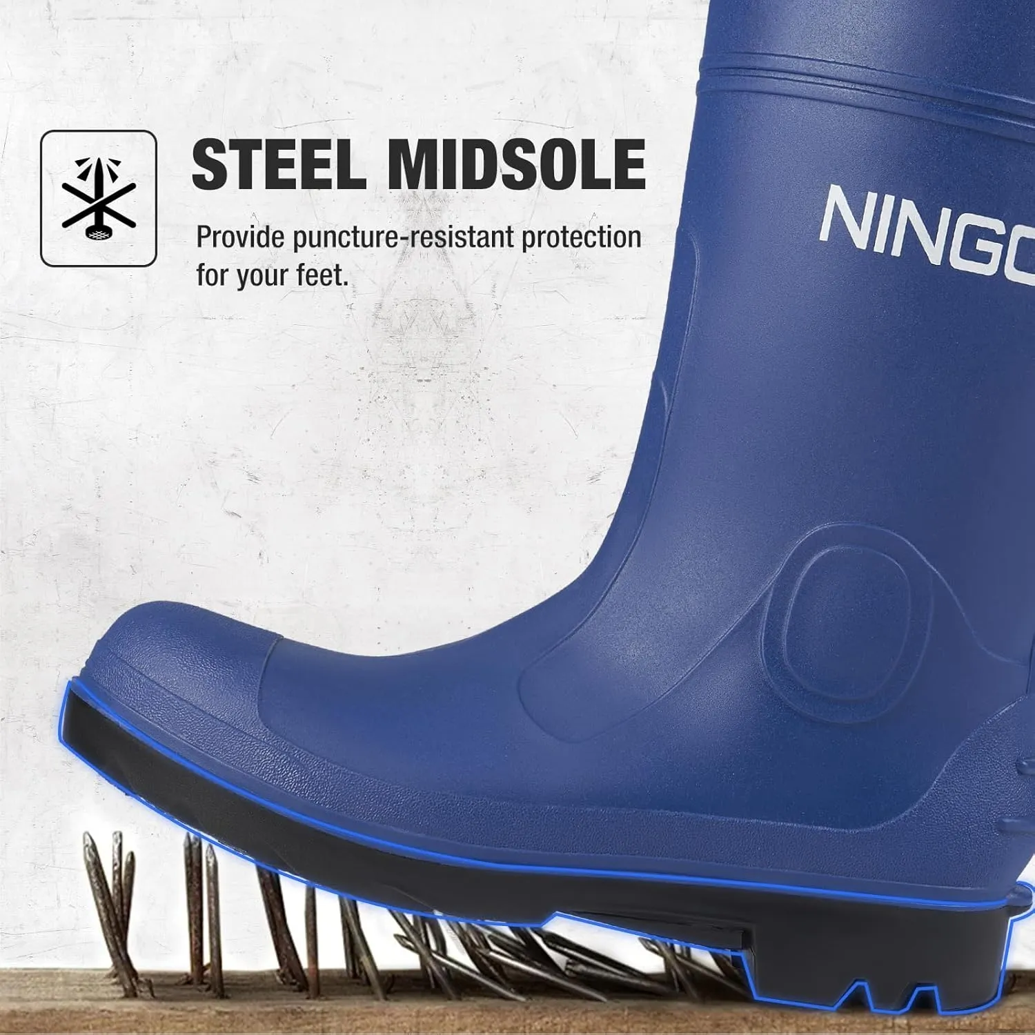 NINGO Men's Steel Toe Rain Boots, Waterproof Rubber Boots, Seamless PVC Rainboots, Puncture and Slip Resistant, Outdoor Fishing Gardening Boots for Men, for Agriculture and Industrial Working
