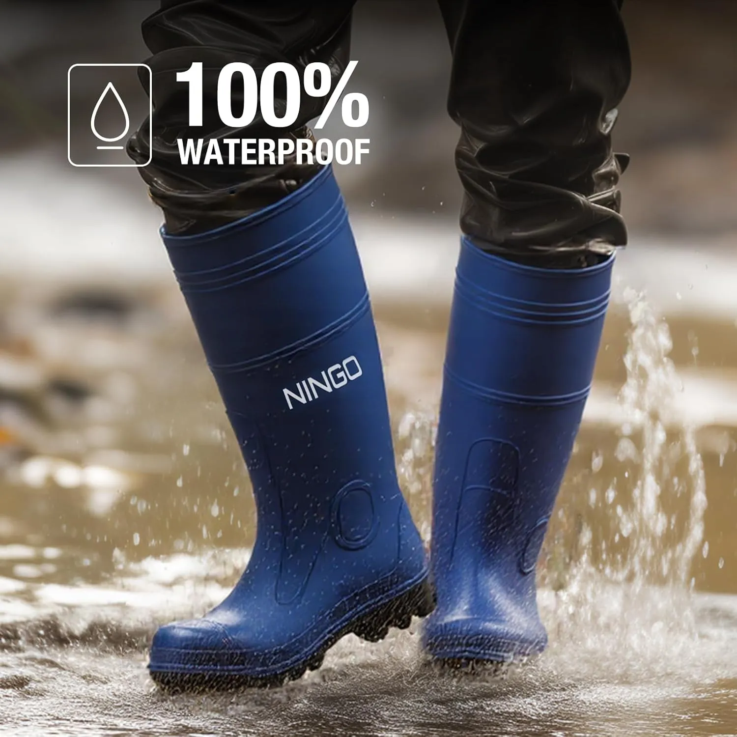 NINGO Men's Steel Toe Rain Boots, Waterproof Rubber Boots, Seamless PVC Rainboots, Puncture and Slip Resistant, Outdoor Fishing Gardening Boots for Men, for Agriculture and Industrial Working