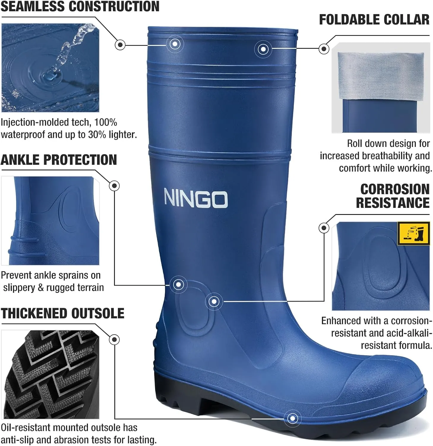 NINGO Men's Steel Toe Rain Boots, Waterproof Rubber Boots, Seamless PVC Rainboots, Puncture and Slip Resistant, Outdoor Fishing Gardening Boots for Men, for Agriculture and Industrial Working