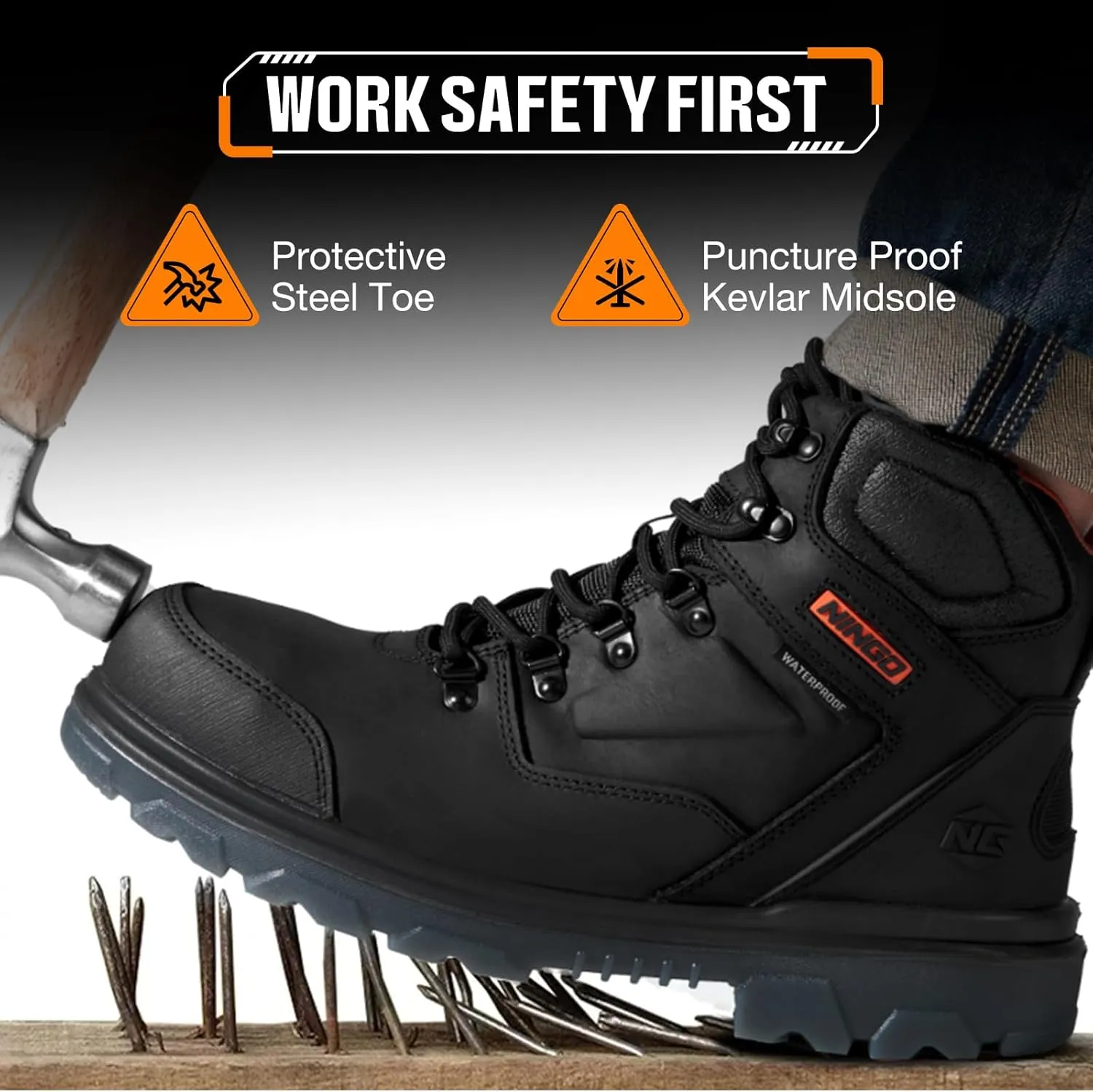NINGO Mens Steel Toe Work Boots, Waterproof Heavy-Duty Safety Boots with Puncture Protection Oil & Slip Resistant, Steel Toe Work Shoes with Breathable Lining EH Protection for Construction Industrial