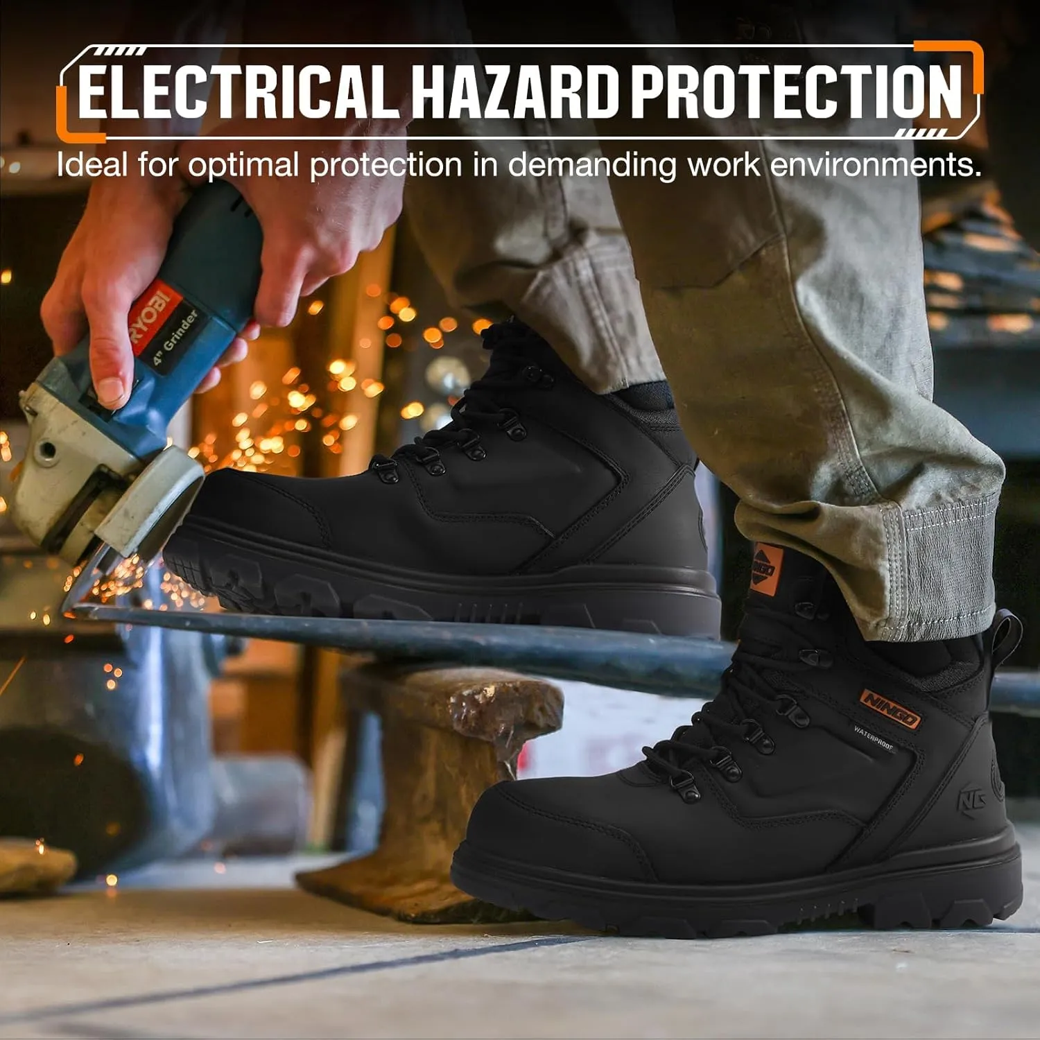 NINGO Mens Steel Toe Work Boots, Waterproof Heavy-Duty Safety Boots with Puncture Protection Oil & Slip Resistant, Steel Toe Work Shoes with Breathable Lining EH Protection for Construction Industrial
