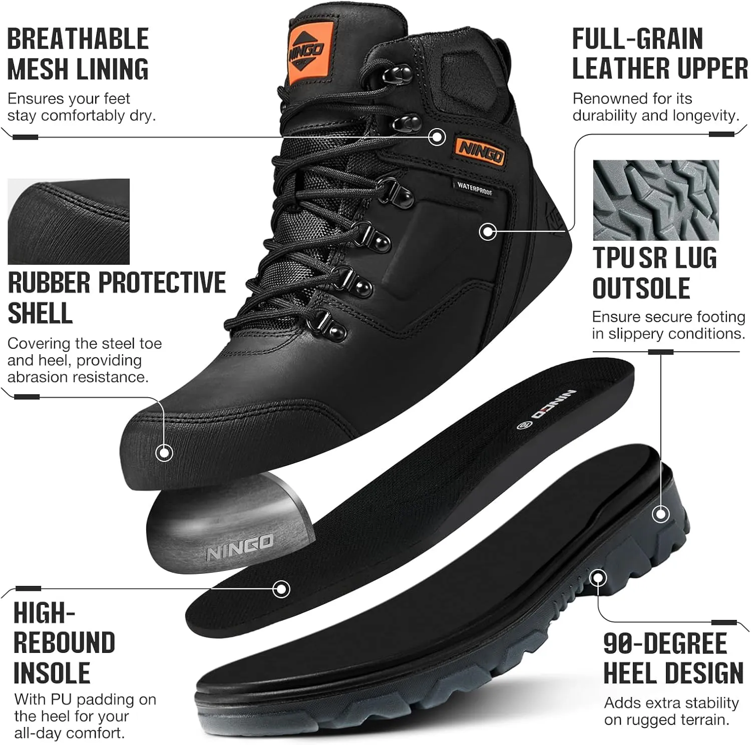NINGO Mens Steel Toe Work Boots, Waterproof Heavy-Duty Safety Boots with Puncture Protection Oil & Slip Resistant, Steel Toe Work Shoes with Breathable Lining EH Protection for Construction Industrial