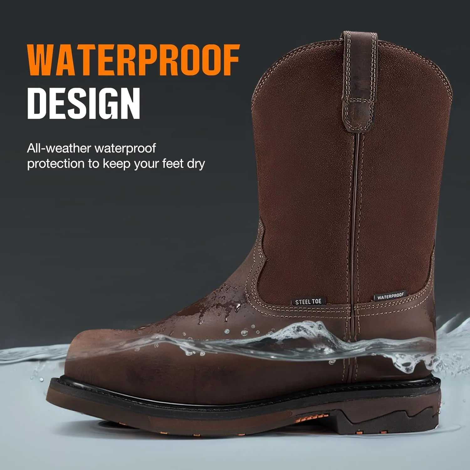 NINGO Men's Steel Toe Work Boots, Waterproof Wellington Boots with Full Grain Leather, Goodyear Welt Pull-On Design, Non Slip Work Shoes, EH Protection for Industrial, Agriculture