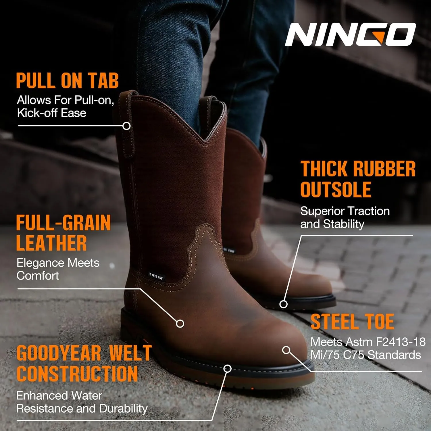 NINGO Men's Steel Toe Work Boots, Waterproof Wellington Boots with Full Grain Leather, Goodyear Welt Pull-On Design, Non Slip Work Shoes, EH Protection for Industrial, Agriculture