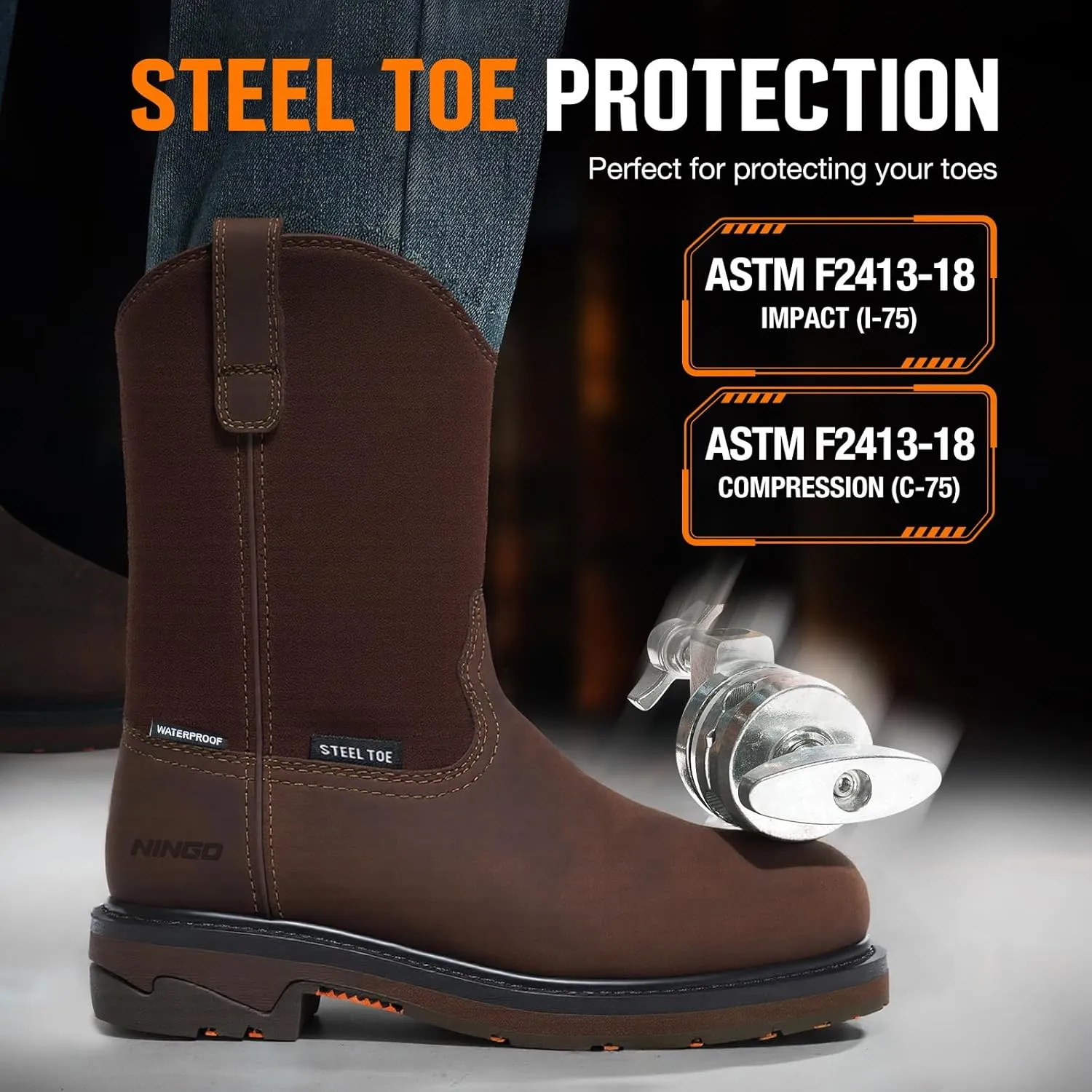 NINGO Men's Steel Toe Work Boots, Waterproof Wellington Boots with Full Grain Leather, Goodyear Welt Pull-On Design, Non Slip Work Shoes, EH Protection for Industrial, Agriculture