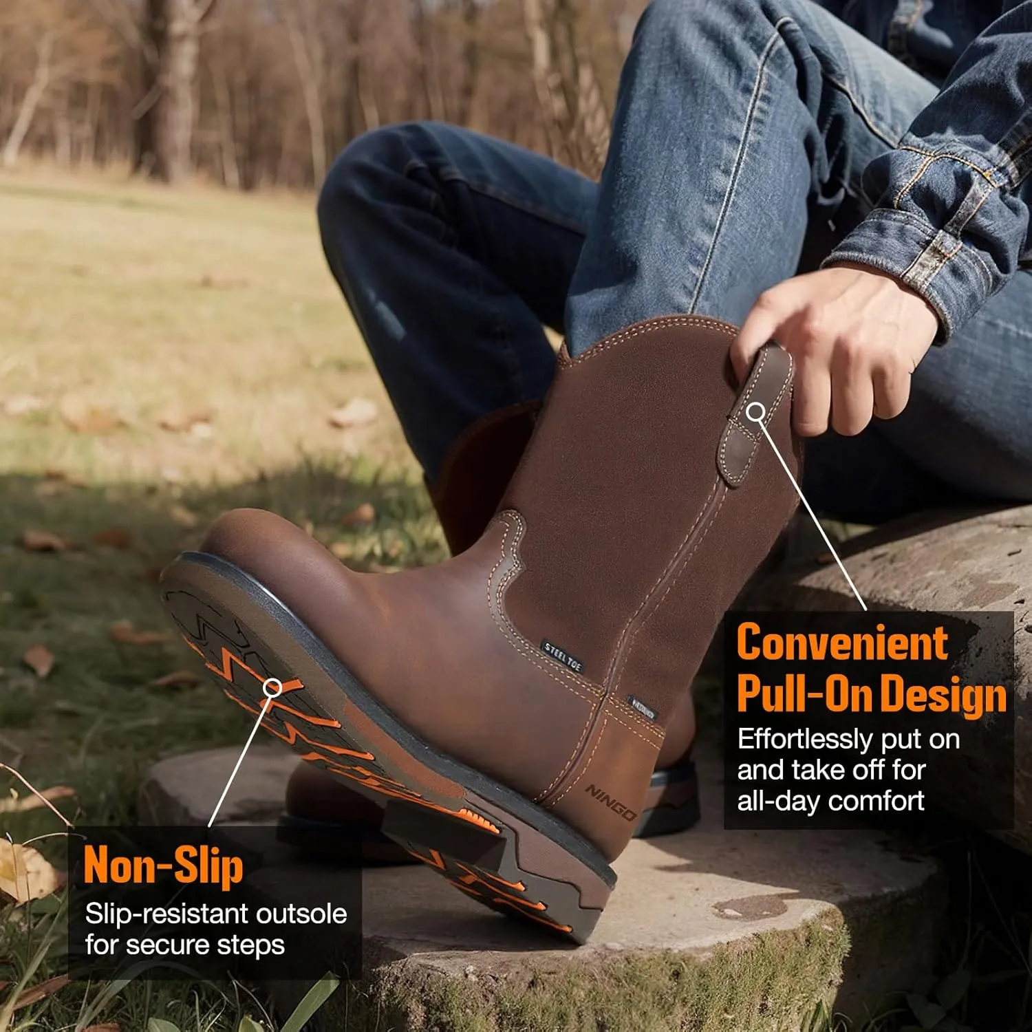 NINGO Men's Steel Toe Work Boots, Waterproof Wellington Boots with Full Grain Leather, Goodyear Welt Pull-On Design, Non Slip Work Shoes, EH Protection for Industrial, Agriculture