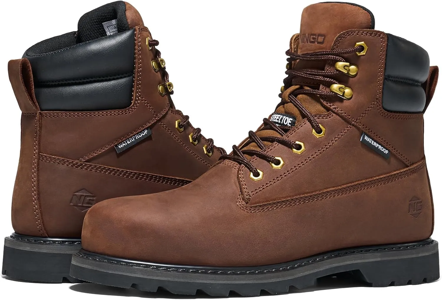 NINGO Steel Toe Work Boots for Men, Waterproof Comfortable Leather Industrial & Construction Boots, Oil & Slip Resistance Safety Shoes with EH Protection, for Outdoor Factories Warehouses Farms